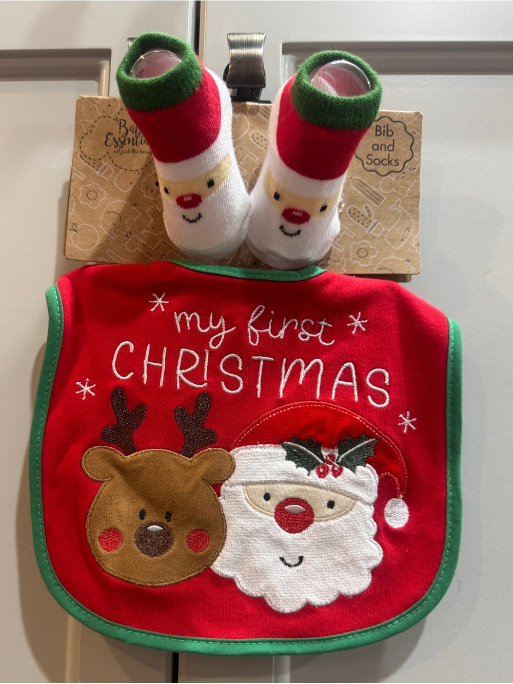 Baby Essentials Red & Green 'My First Christmas' Bib with Santa & Reindeer Socks